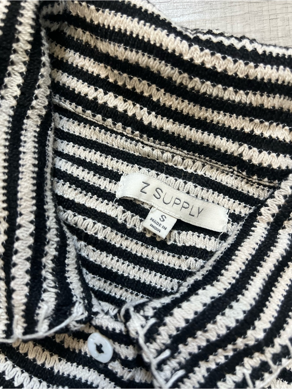 Z SUPPLY Monaco Crochet Button Up Black and Cream Striped Short-Sleeve Small - Picture 9 of 16